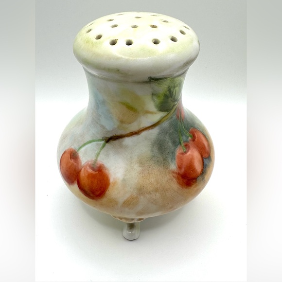 Rare-Signed Victorian Hand Painted Cherry Fruit Porcelain Powder Shaker - Picture 8 of 9